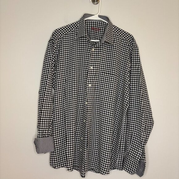 MARCELLO Sport Sz L Long Sleeve Contrasting Cuff Button Up Black Check - Picture 1 of 4